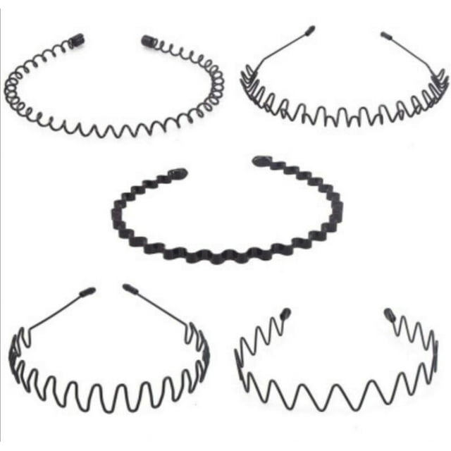 Headbands Unisex Black Spring Wavy Metal Hair Hoops, 5pack Hairband Set for Man and Woman. The image displays five black metal hairbands in varied wavy and zigzag designs, ideal for different hairstyles and hair types. These sturdy, adjustable, and non-slip hair accessories are versatile for personal care and everyday use.