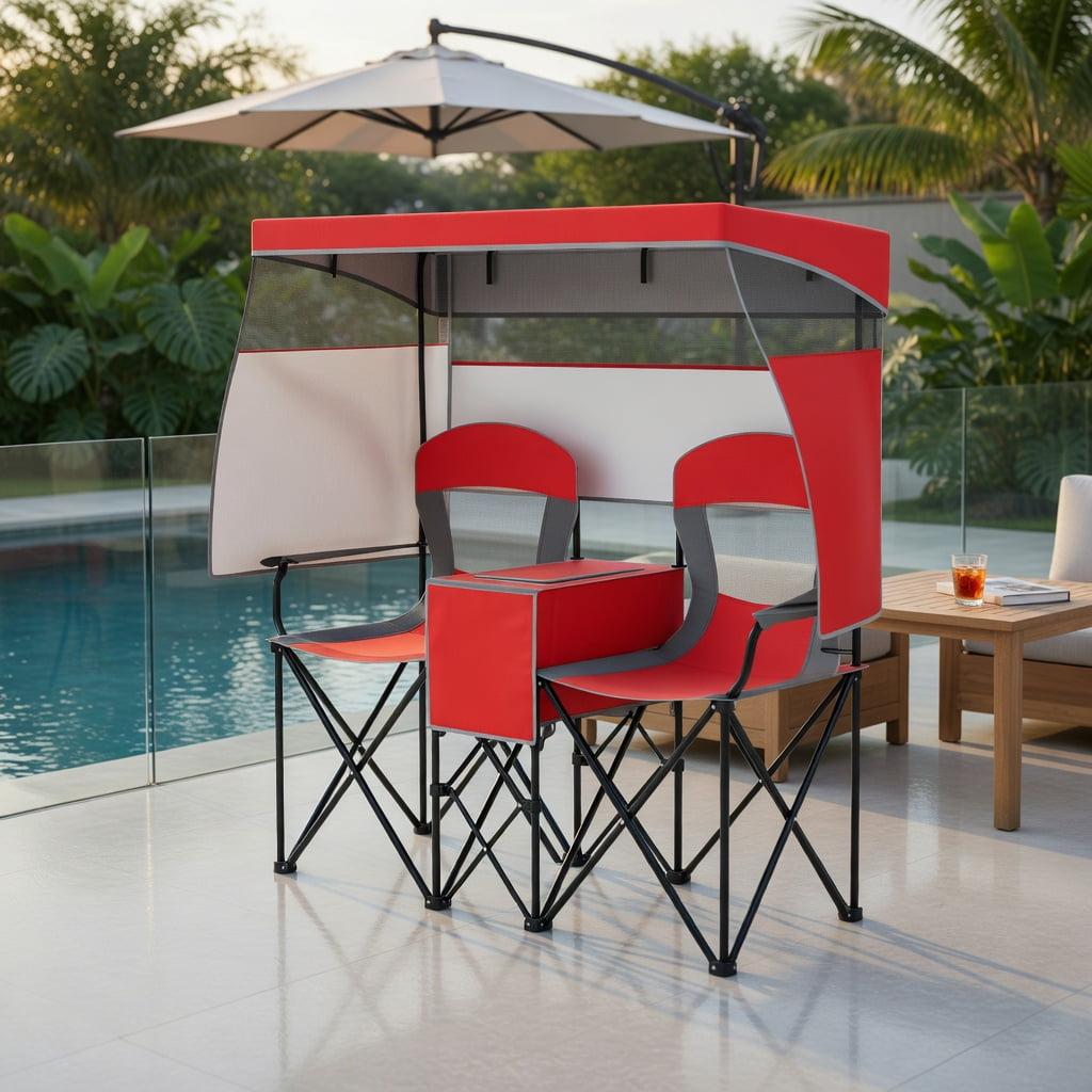 Hommoo Double Beach Chair with Adjustable UPF50+ Canopy, 3-Side Roll-Up Shade Curtains, Built-in Cooler Bag & Mesh Ventilation, Red