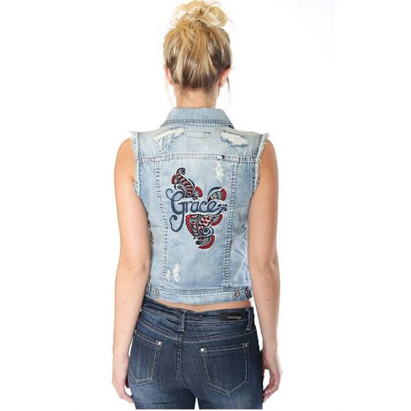 Grace in LA Jeans Women's Light Wash Distressed Denim Vest (Small)