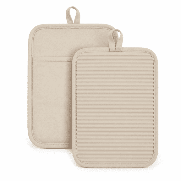 PLERISE Soft Silicone Pot Holder Set, Ribbed Non-Slip Design, 7x9 inch, Tan, 2 Pack
