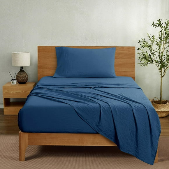 Mainstays Washed Ultra Soft Microfiber Bed Sheet Set, Twin-XL, Washed Indigo, 3 Piece