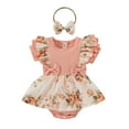 thumbnail image 2 of Ydojg Baby Girl Romper Ruffles Short Sleeve Floral Printed Romper Bowknot Ribbed Bodysuits Headbands Outfits, 2 of 7