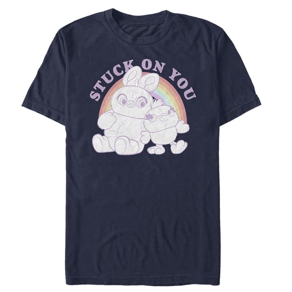 Men's Toy Story Ducky & Bunny Stuck on You Rainbow  Graphic Tee Navy Blue Small