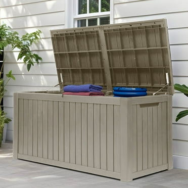 ModFusion 180 Gallon Lockable Resin Deck Box for Patios - Light Brown Outdoor Storage Bin with Divider for Tools, Toys, Cushions