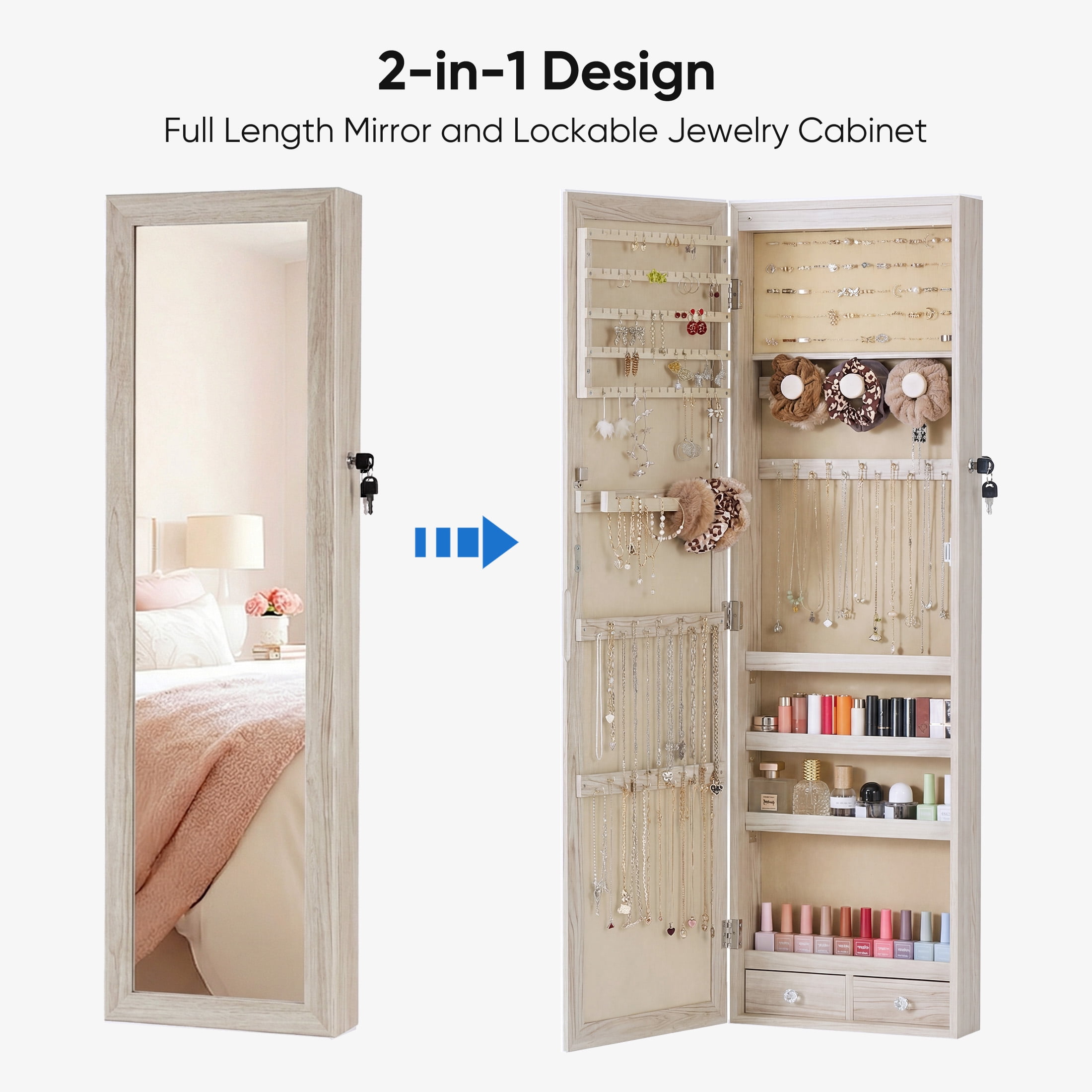 edx Full-Length Mirror Jewelry Cabinet with 6 LED Lights, Wall Door Mounted Large Jewelry Armoire Organizer with Makeup Storage, Beige