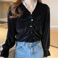 thumbnail image 5 of Olyvenn Women's V-Neck Fall Fashion Velvet Blouse Loose & Stylish Drop-Shoulder Long-Sleeve Ruched Solid Color Shirts Black XL, 5 of 5