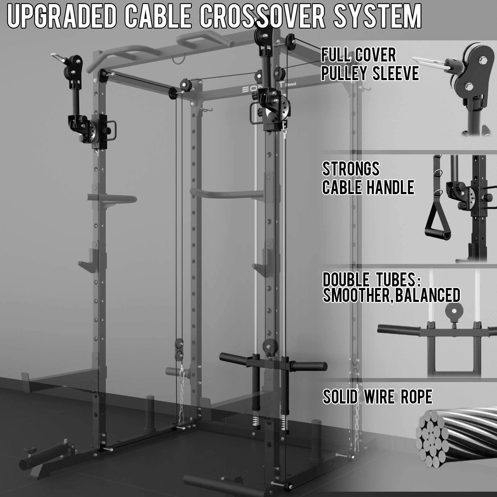 Eonfit E2 Power Cage with 3D Rotation Arms - Multi-Functional Power Rack for Home Gym. 1500lb Squat Rack for Home Gym. Pulley System for Cable Crossover & LAT Pulldown (E2 BLK PRO)