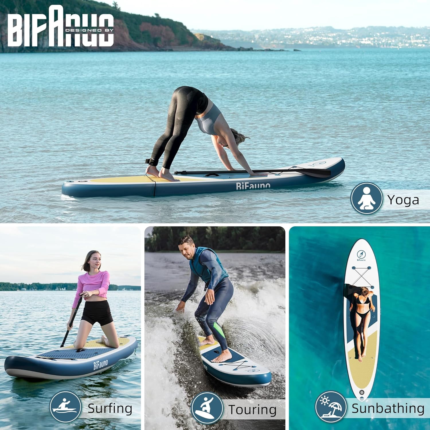 Bifanuo 10' Inflatable Stand Up Paddle Board with SUP Accessories & Backpack. Paddle Boards for Adults. Non-Slip Deck, Wide Stance, Bottom Fin, Double Action Pump.