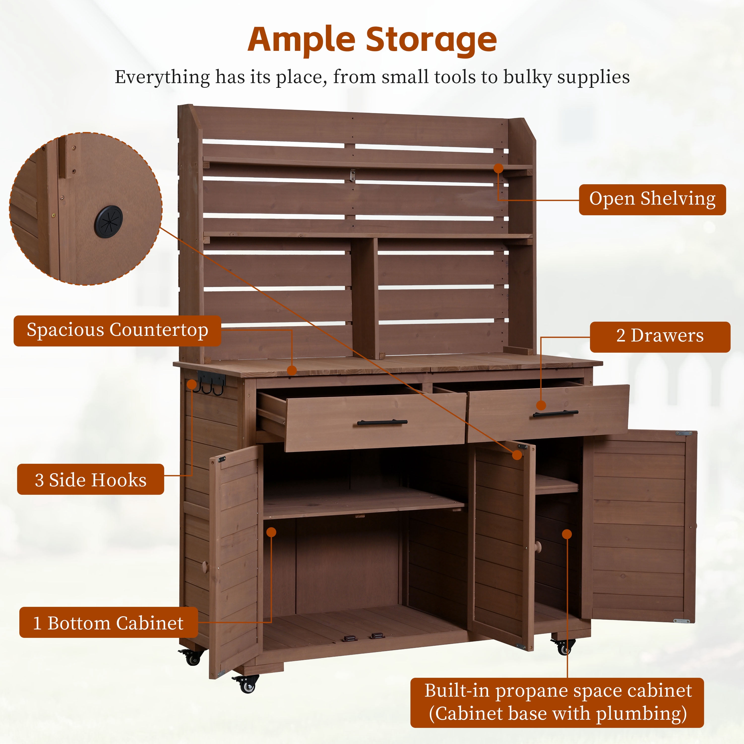 Mintazer 65"H Rolling Outdoor Potting Bench with 2 Drawers & Storage Cabinet, Farmhouse Kitchen Island Prep Cart with Hutch Top & Shelves, Brown