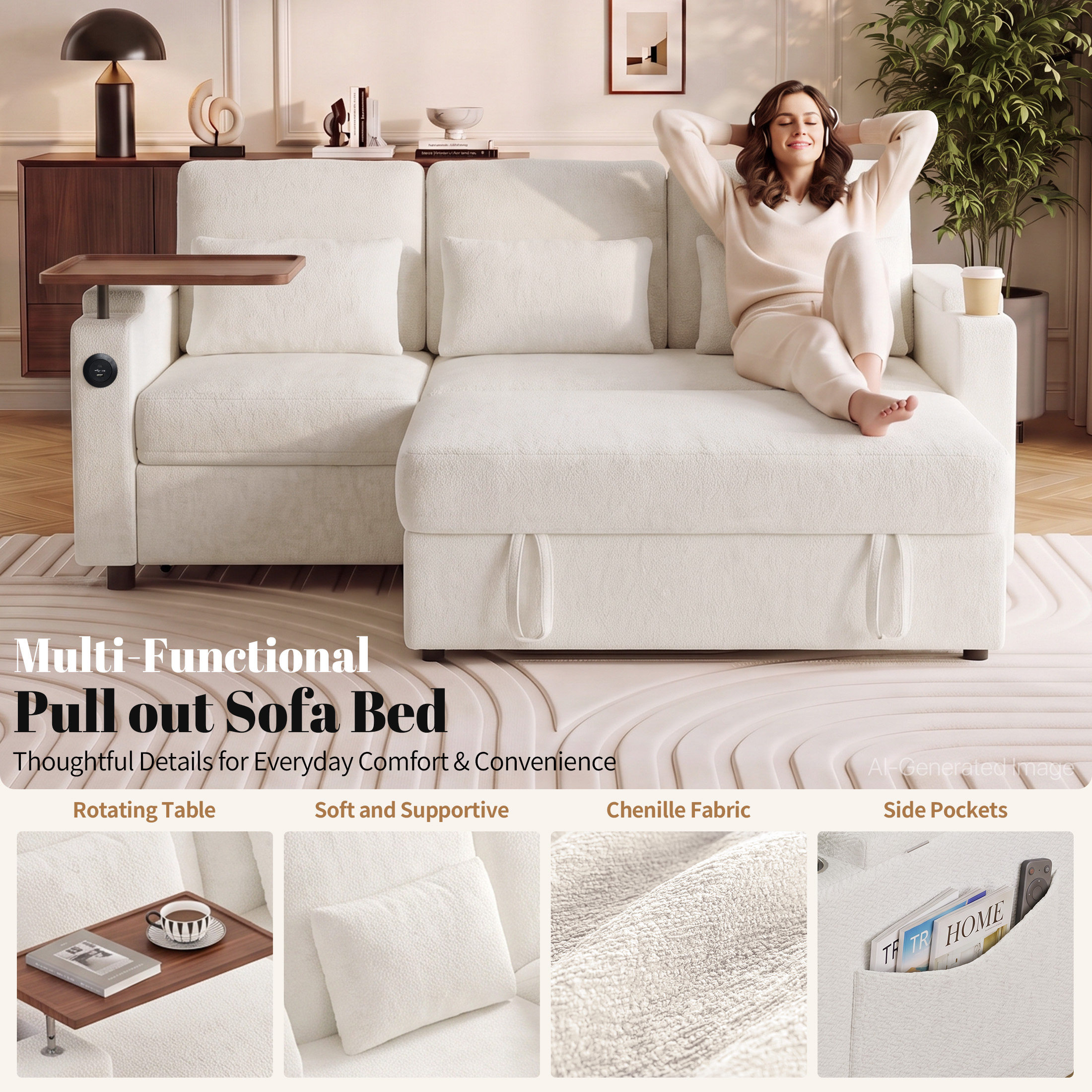 Aenkyo 81" 3-in-1 Convertible Sleeper Sofa with Pull Out Bed and Recliner, Adjustable Backrest, White