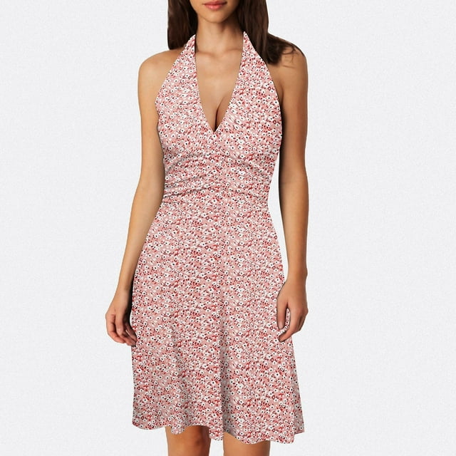 WILLBEST Vestidos Casuales para Mujer, sin Mangas, Cuello En V, Primavera, Bohemio, Floral, con Bolsillo, Cintura Elástica, Volantes, Mini Vestidos Mediana