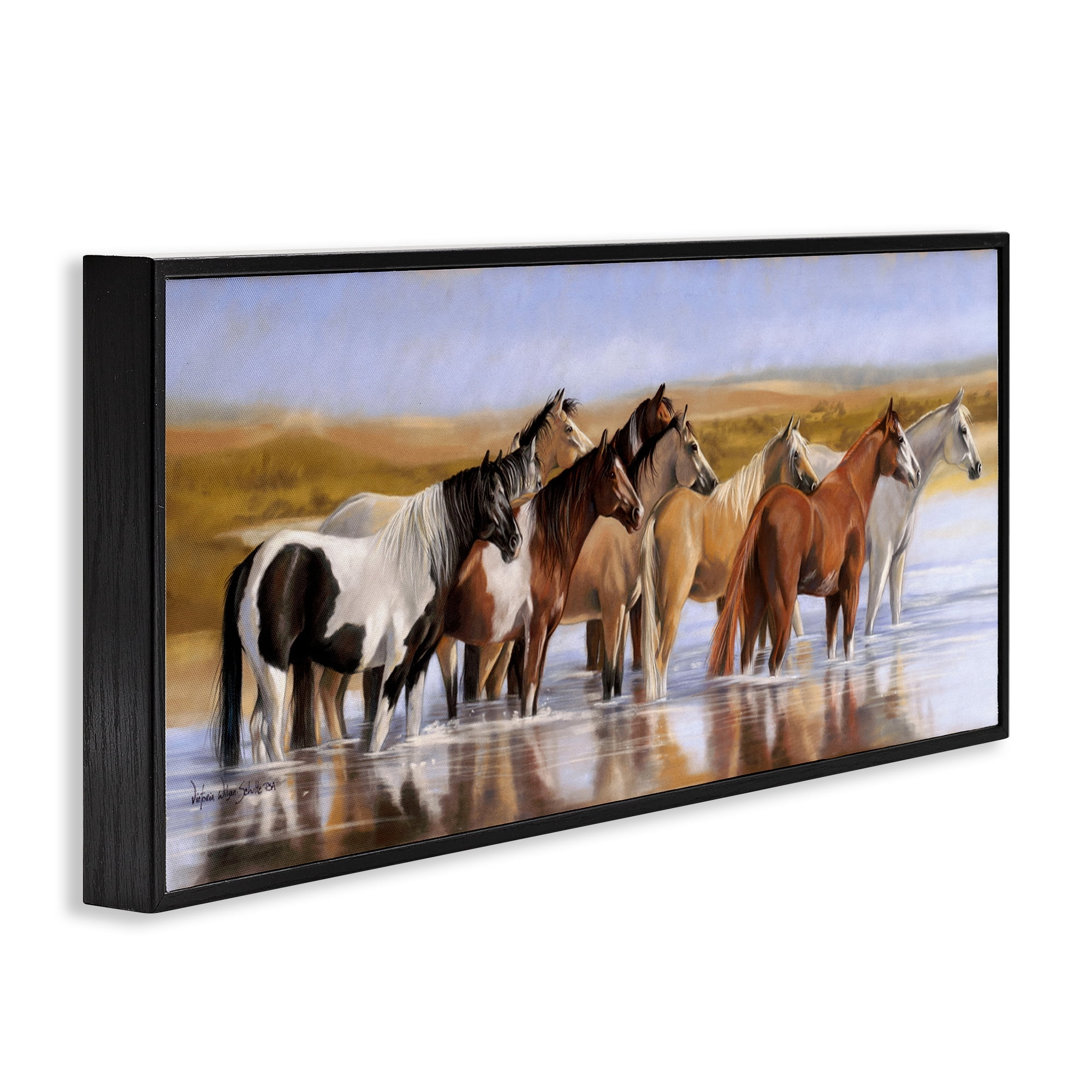 Stupell Industries Horse Herd in River Animals & Insects Painting Black Framed Art Print Wall Art, 30 x 13