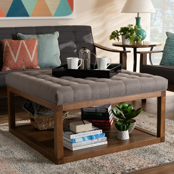 Baxton Studio Alvere Modern and Contemporary Gray Fabric Upholstered Walnut Finished Cocktail Ottoman