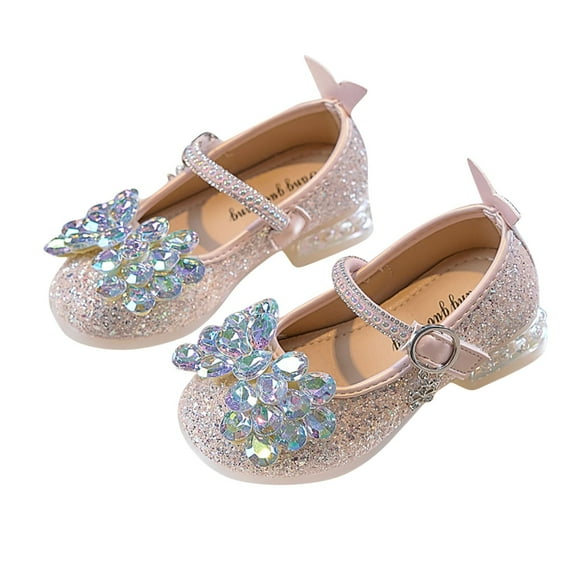 LOVZFMLL Girls Dress Shoes Mary Jane Princess Shoes Girls Glitter Rhinestone Low Heels Wedding Party Footwear for Toddler Kid Pink 6-6.5 Years