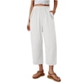 thumbnail image 2 of LEKWK Linen Crop Pants for Women Elastic Waist Casual Wide Leg Pants Loose Fit Solid Comfy Palazzo Bottoms with Pockets Fashion Beach Vacation Outfits, 2 of 7