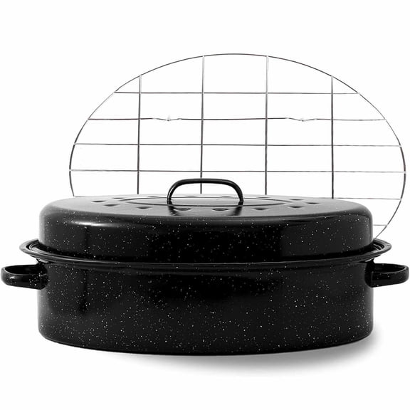 NORIZF Oval Roasting Pan with Lid and Rack 18" Large Roaster Pan Set Comes with Lron Rack Enamel Cook Ware Dishwasher Compatibility Granite Oven Roaster Bacon Tray