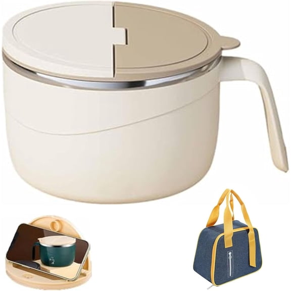 304 Stainless Steel Insulated Noodle Bowl – Double-Wall Anti-Scald Large-Capacity Bowl with Lid, for Soup, Noodles & Meals at Home, Work or Outdoors (Beige,1Pcs, B)