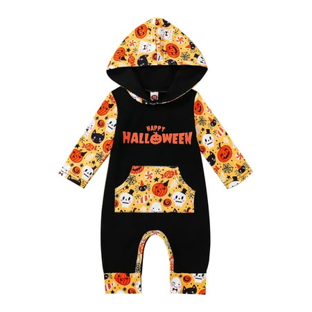 

Halloween Infant Baby Boy Girl Hooded Jumpsuit Long Sleeve Pumpkin Hoodie Romper Pullover Tops