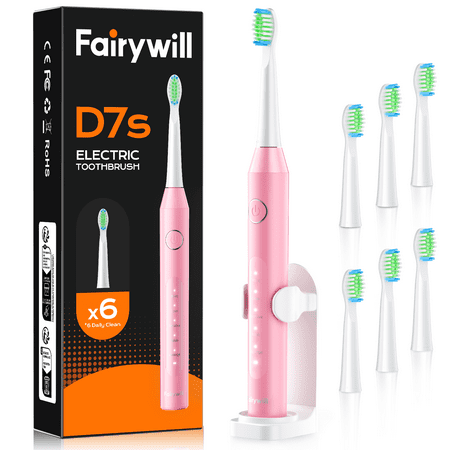 Fairywill Electric Toothbrush for Adults, Sonic Rechargeable with 6 Brush Heads, 47000 VPM for Sensitive Teeth, 5 Modes, IPX7 Waterproof, 60-Day Battery, Pink
