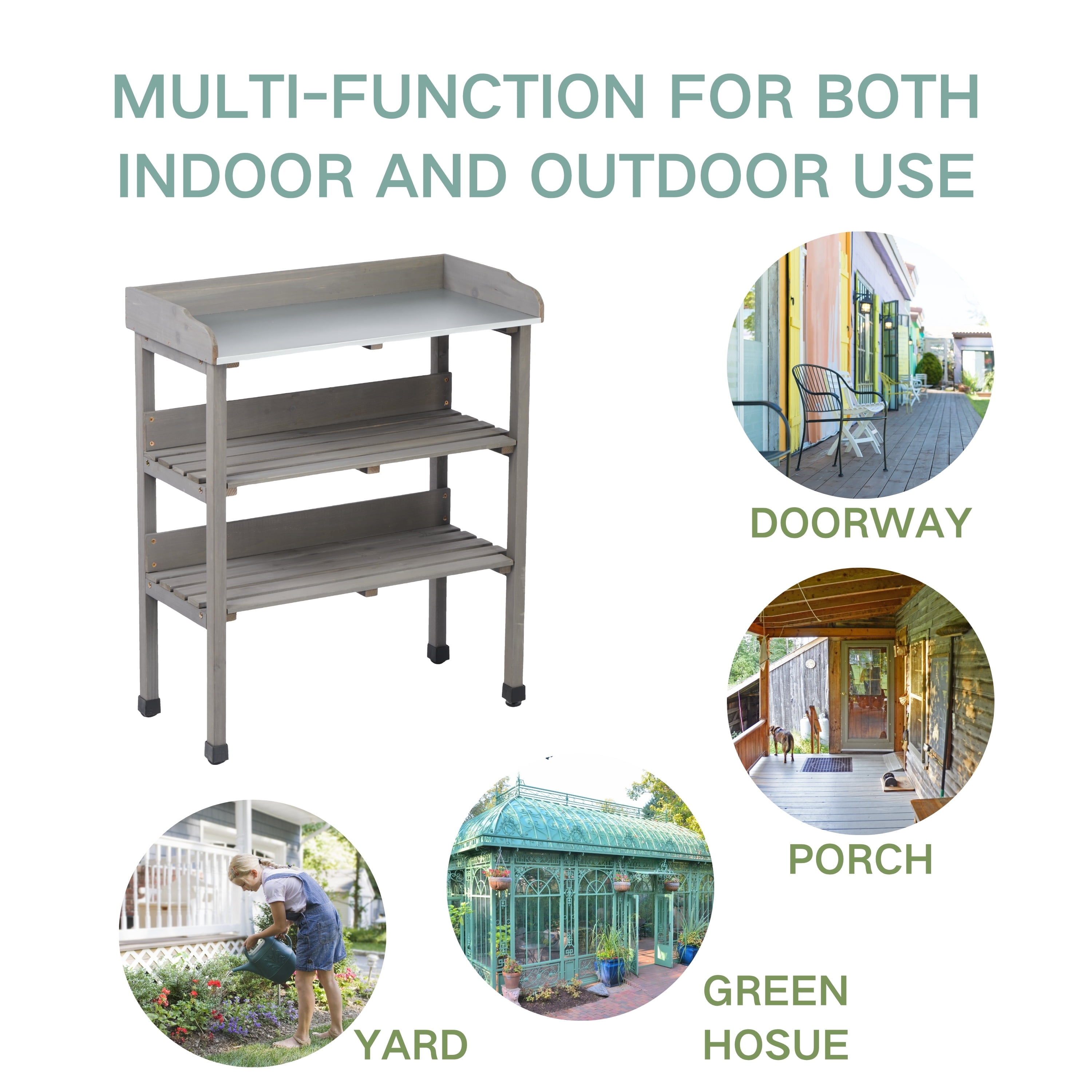 Outdoor Wooden Potting Bench Table with Metal Tabletop,3 Layers Outdoor Work Bench for Garden,Garage,Grey
