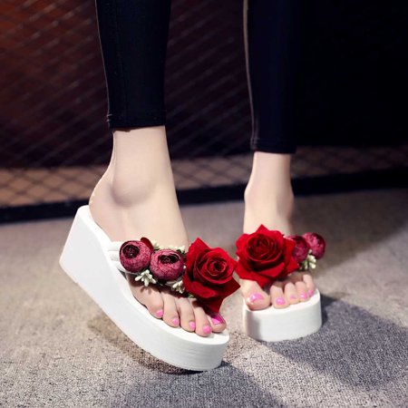 

HIBRO Women Girls Hand-made Floral Wedges Flip Flops Sandals Slippers Beach Shoes