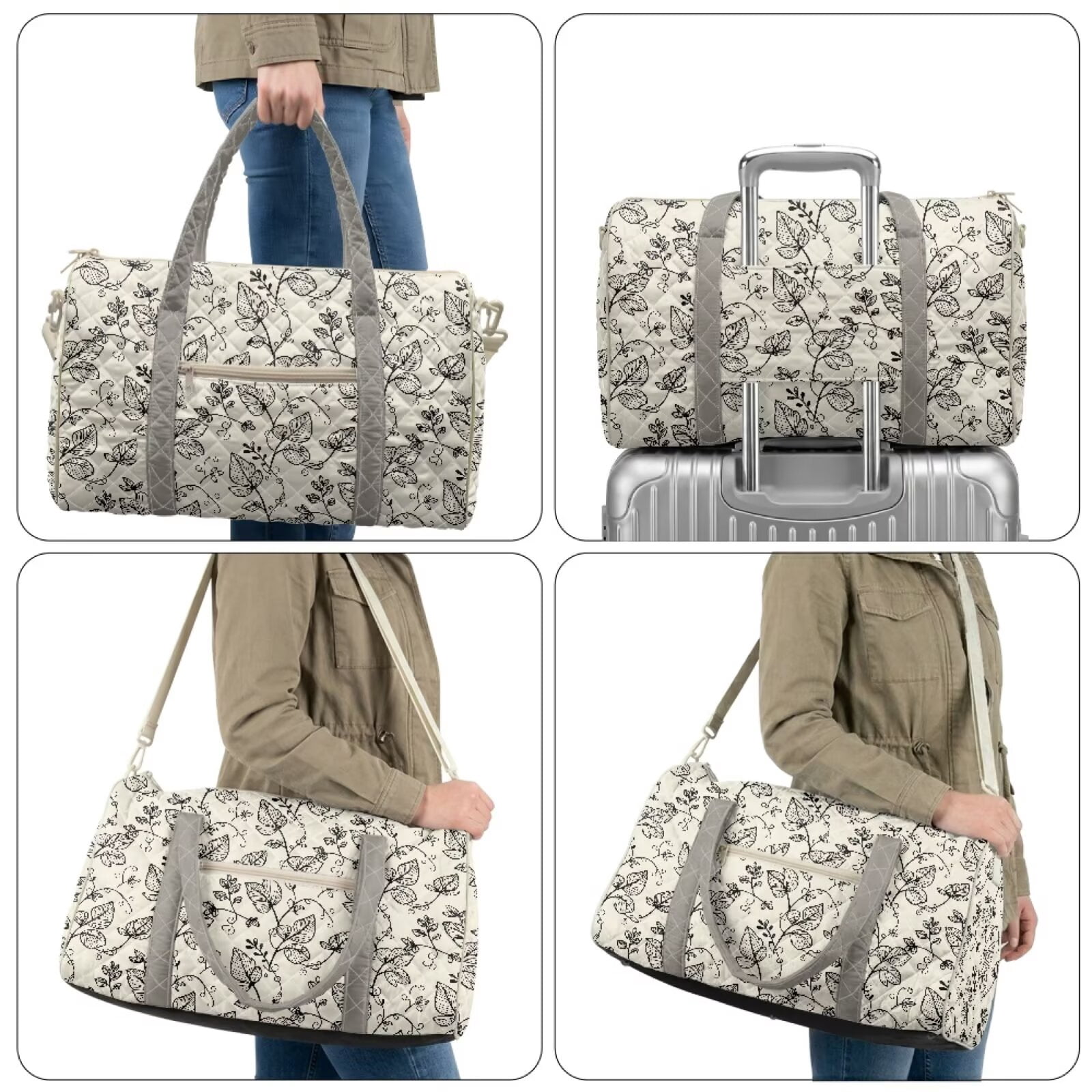 Chririnla Black Leaf Sketch Pattern Fit for Airplane Weekender Overnight Bags with Zipper Pocket & Shoulder Strap, Stylish Travel Luggage for Women