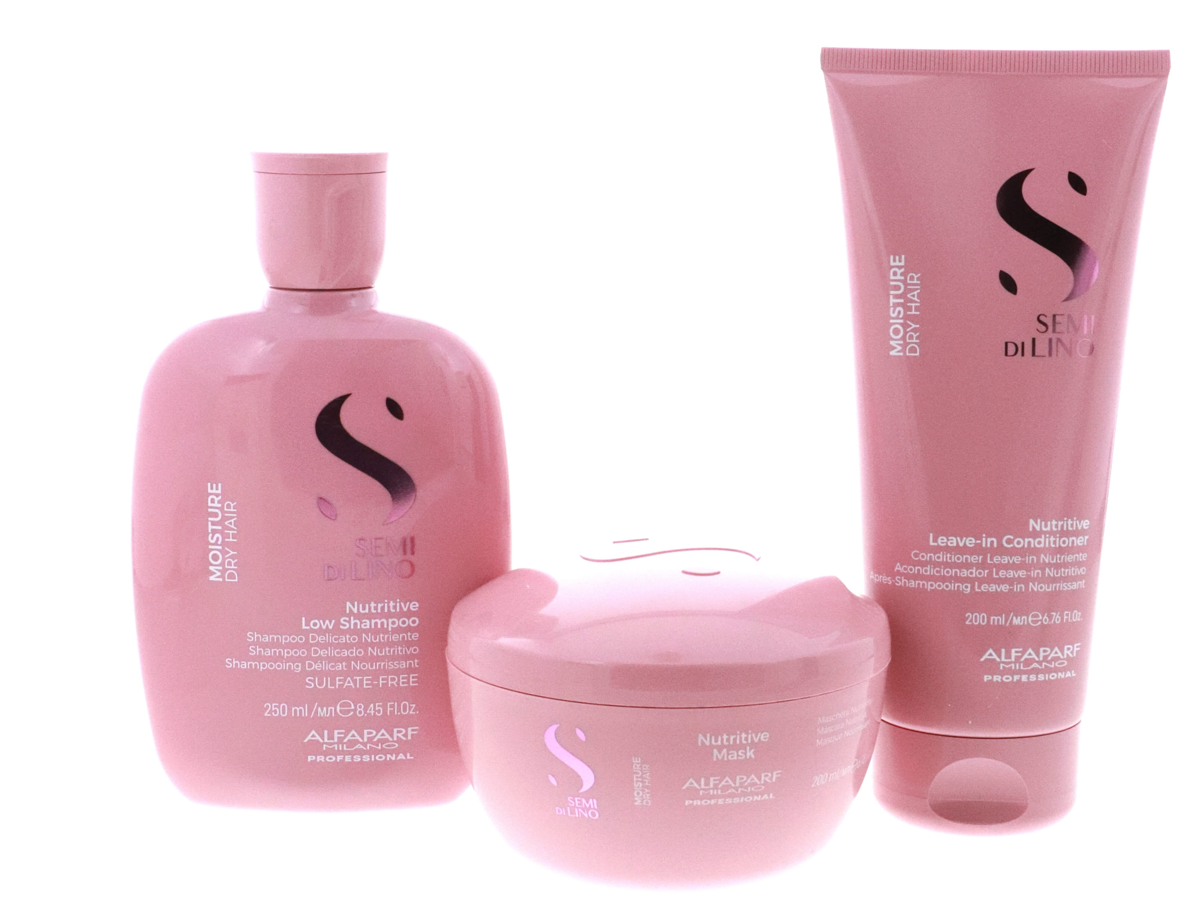 Alfaparf Semi Di Lino Moisture Nutritive Shampoo 8.45oz & Mask 6.76oz & Leave-in 6.76oz