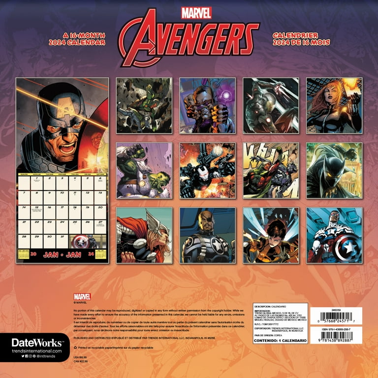 Trends International 2024 Marvel Avengers Wall Calendar & Push Pins