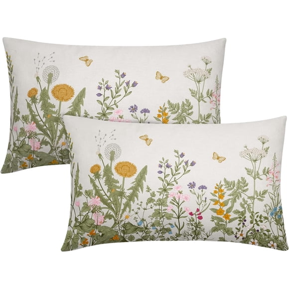 Housses de Coussin Rectangulaires Printemps Été Lot de 2 12x20 Pouces Feuilles Vert Sauge Plante Housses de Coussin Lombaire Papillon Jaune Floral Coussins Idéal pour Salon Chambre Extérieur Célébration