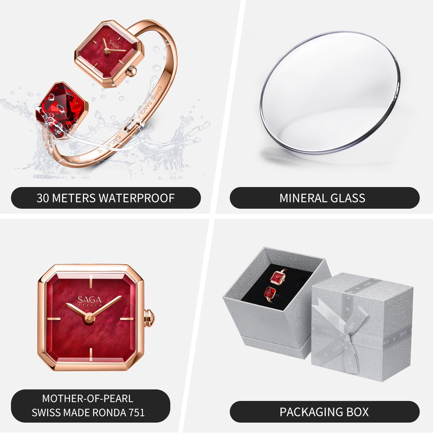 Watches for Women SAGA Light of Venice Swiss Ronda Quartz Bracelet Watch, Red Dial, Square Case, Stainless Steel, Silver Tone, Gift for Women