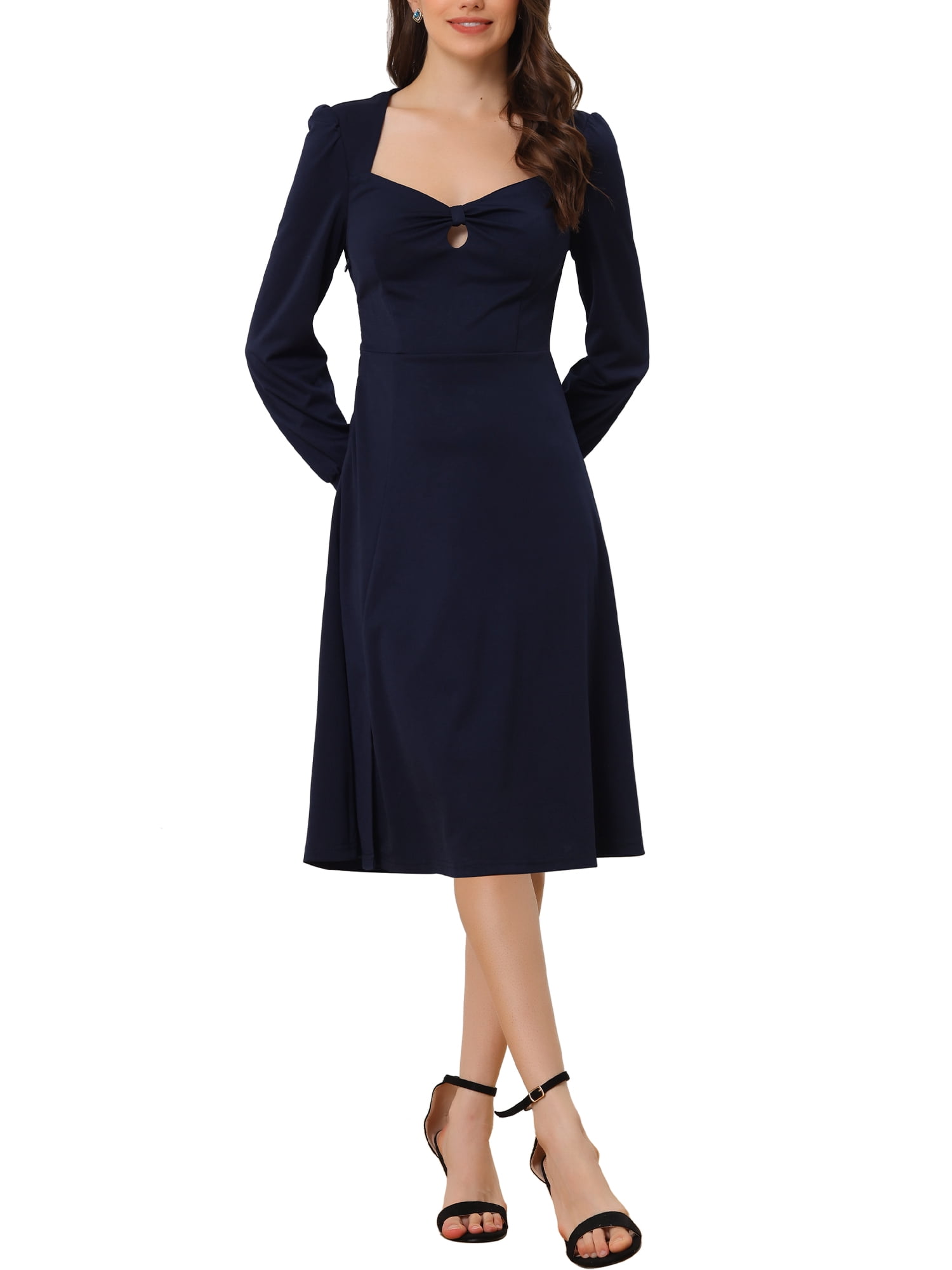 Unique Bargains Women's Neck Keyhole Front Split Midi Elegant Cocktail Dress Dark Blue XS