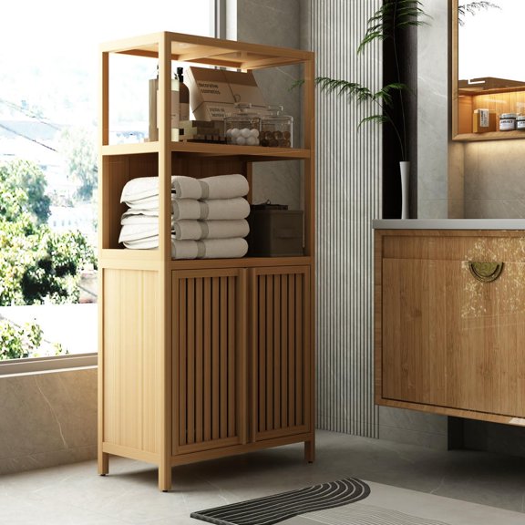 Keepoman Natural-Bamboo Storage Cabinet with 2 Doors and Freestanding, Cabinet for Living Room, Kitchen, Entryway, Wooden