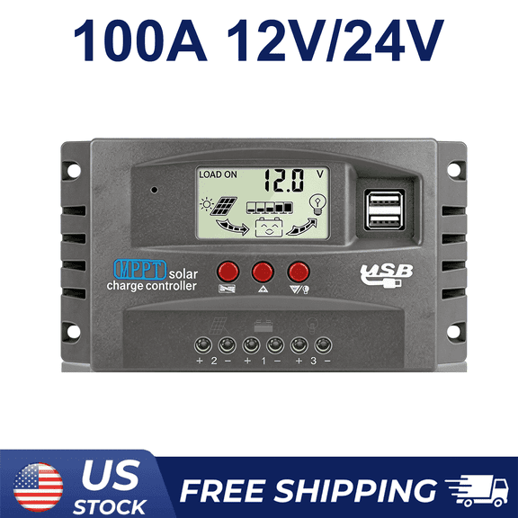 AeternaSol 100A MPPT Solar Charge Controller 12V 24V Auto with LCD Display Dual USB Timer