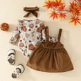 thumbnail image 5 of GYRATEDREAM Newborn Baby Girls Thanksgiving Outfit Infant Long Sleeve Pumpkin Letter Romper + Velvet Suspenders Dress + Headband Skirt 3Pcs Set Toddler Fall Clothes for 0-18 Months, 5 of 8