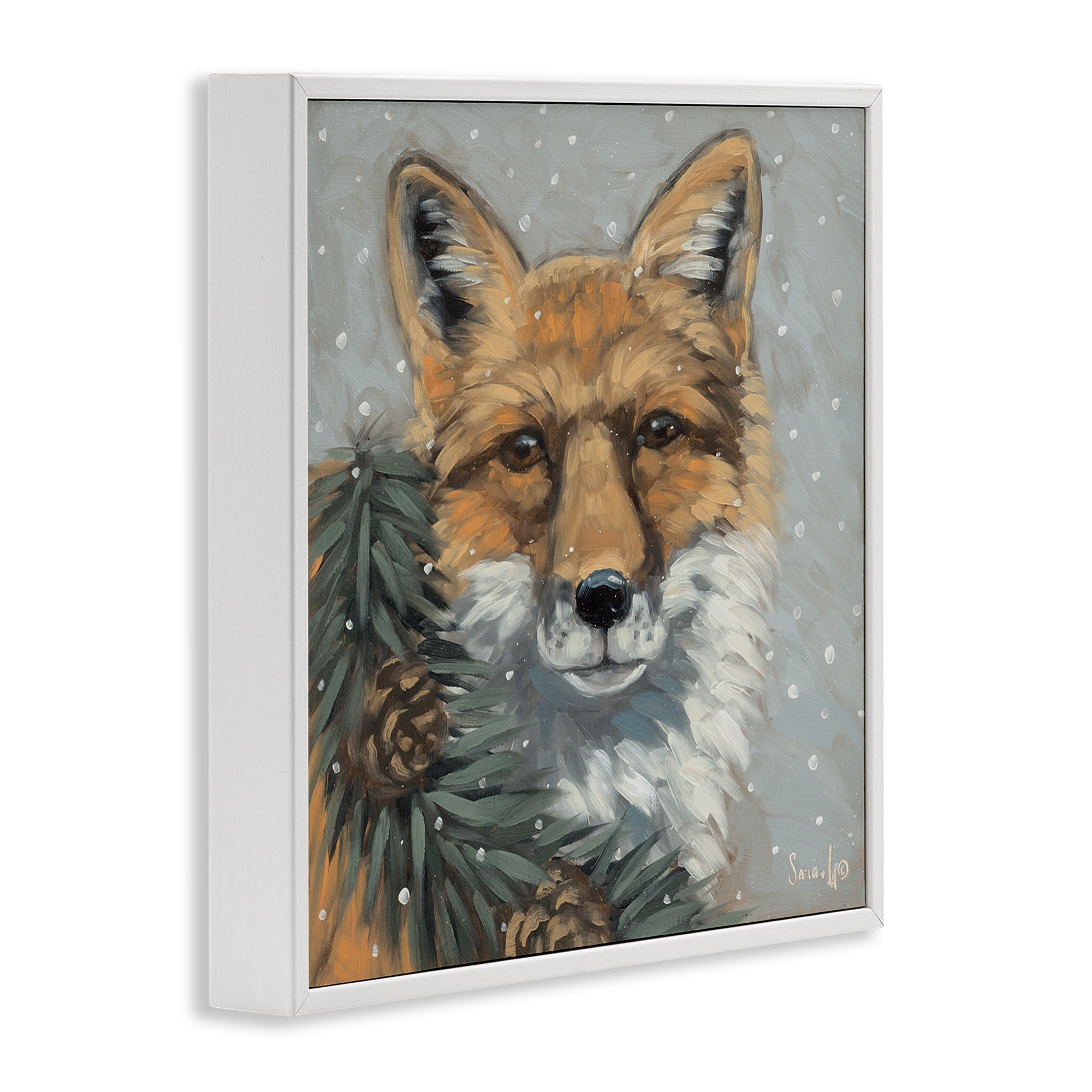 Stupell Industries Fox with Snowy Pinecones Holiday Painting White Framed Art Prints Wall Art, 24 x 24