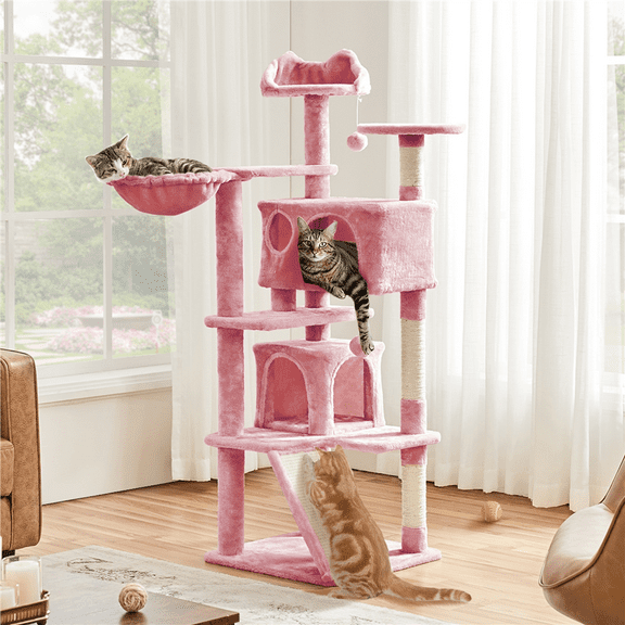 Alden Design 54" Double Condo Cat Tree with Scratching Post Tower, Pink