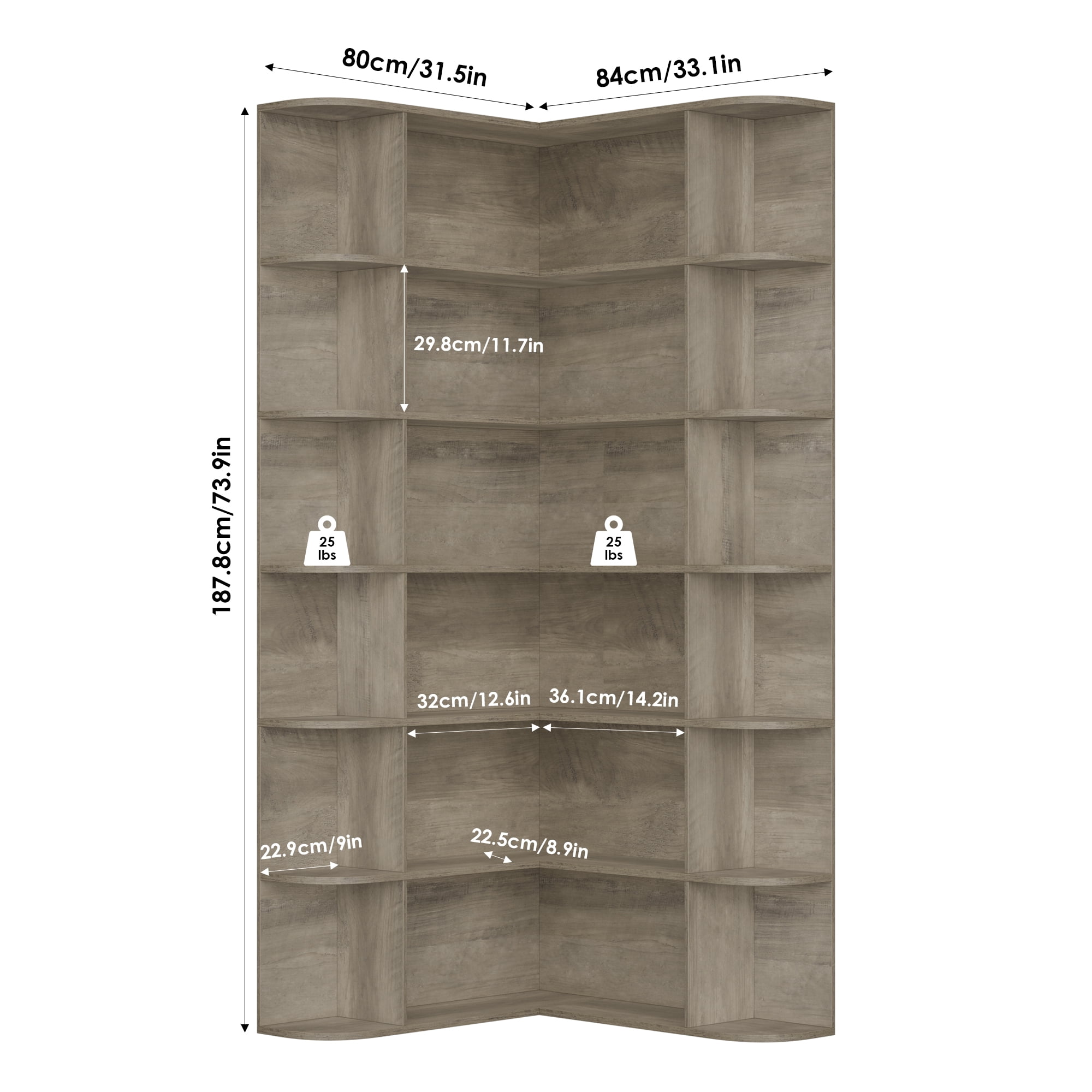 Homfa 73.9” Tall Corner Bookshelf, 6 Tier L-Shaped Large Display Bookcase with Curved Edges for Living Room Home Office Study, Gray