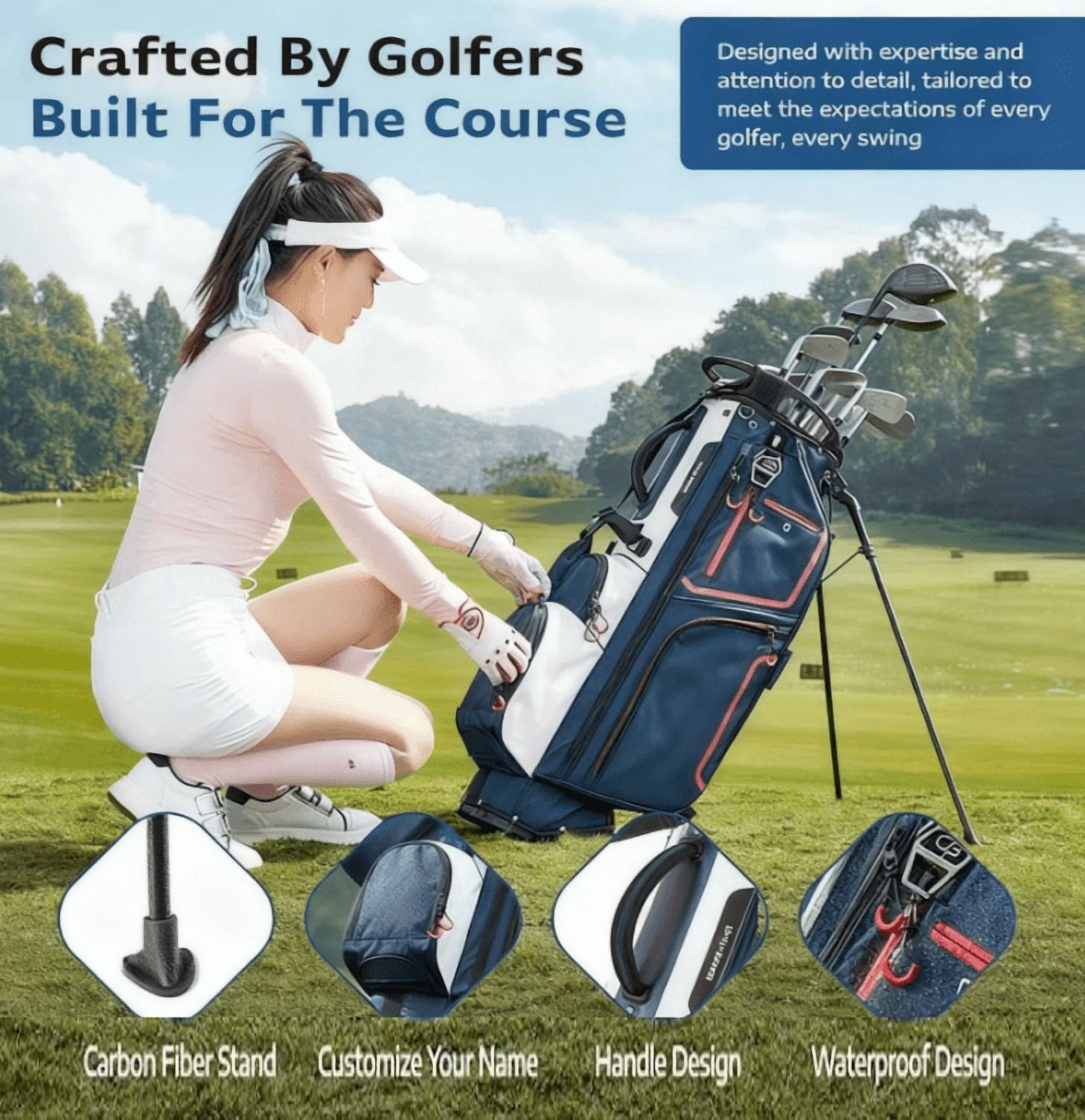 Golf Stand Bag with 14 Way Dividers, Lightweight Durable Toughened Stand, Cart Compatible Base, Ergonomic Dual Strap, Rain Hood, Ample Storage Pockets for Men and Women