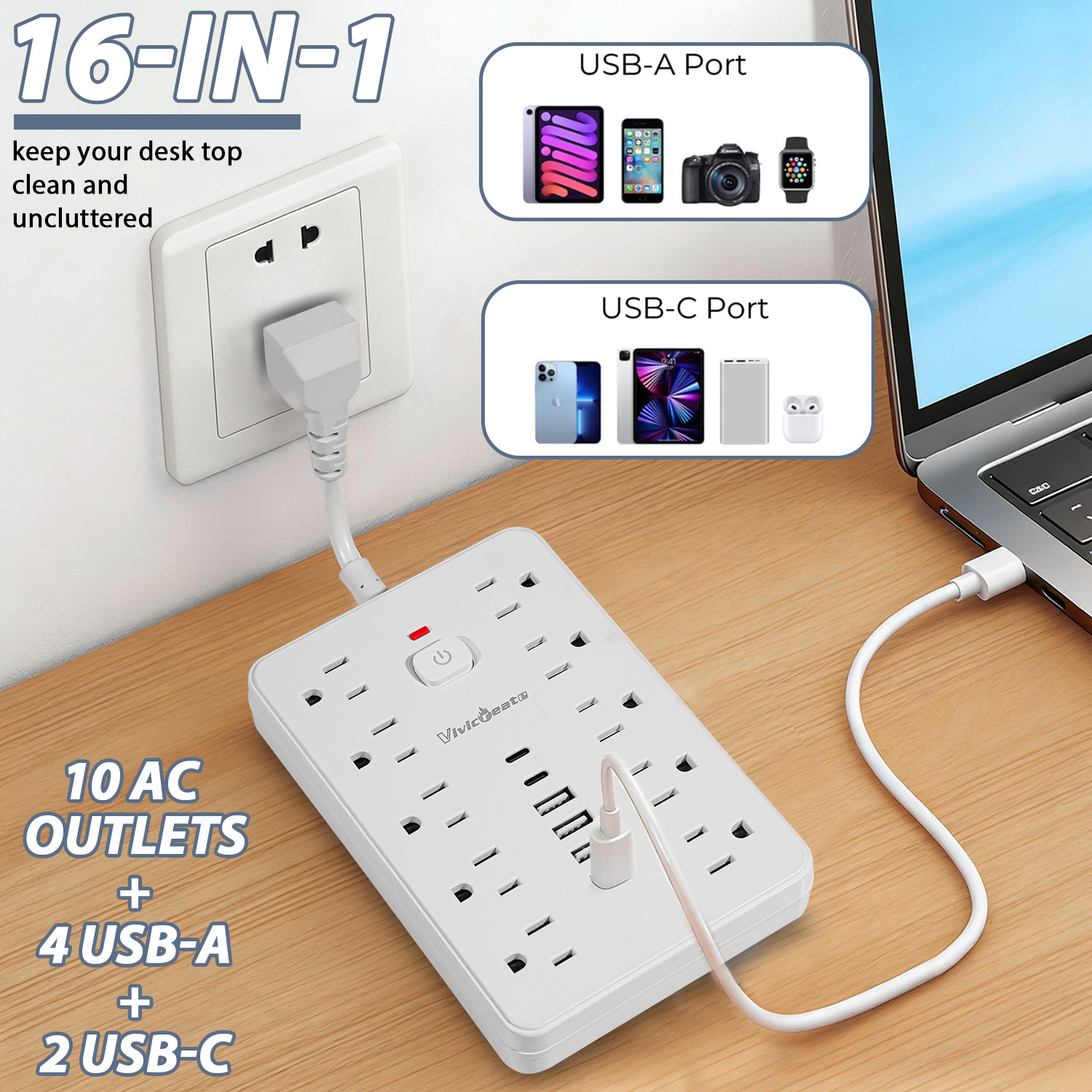 Vivicreate 16-in-1 Power Strip Surge Protector with 10 AC Outlets, 4 USB-A & 2 USB-C Ports, Flat Plug Short Extension Cord, Compact Power Strip for Home, Office, Desk & Travel