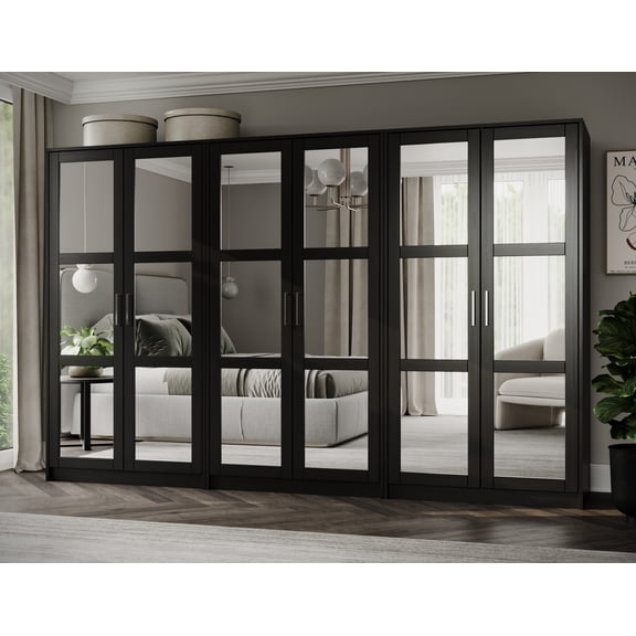 100% Solid Wood Urban 6-Door Wardrobe with Mirrored Doors