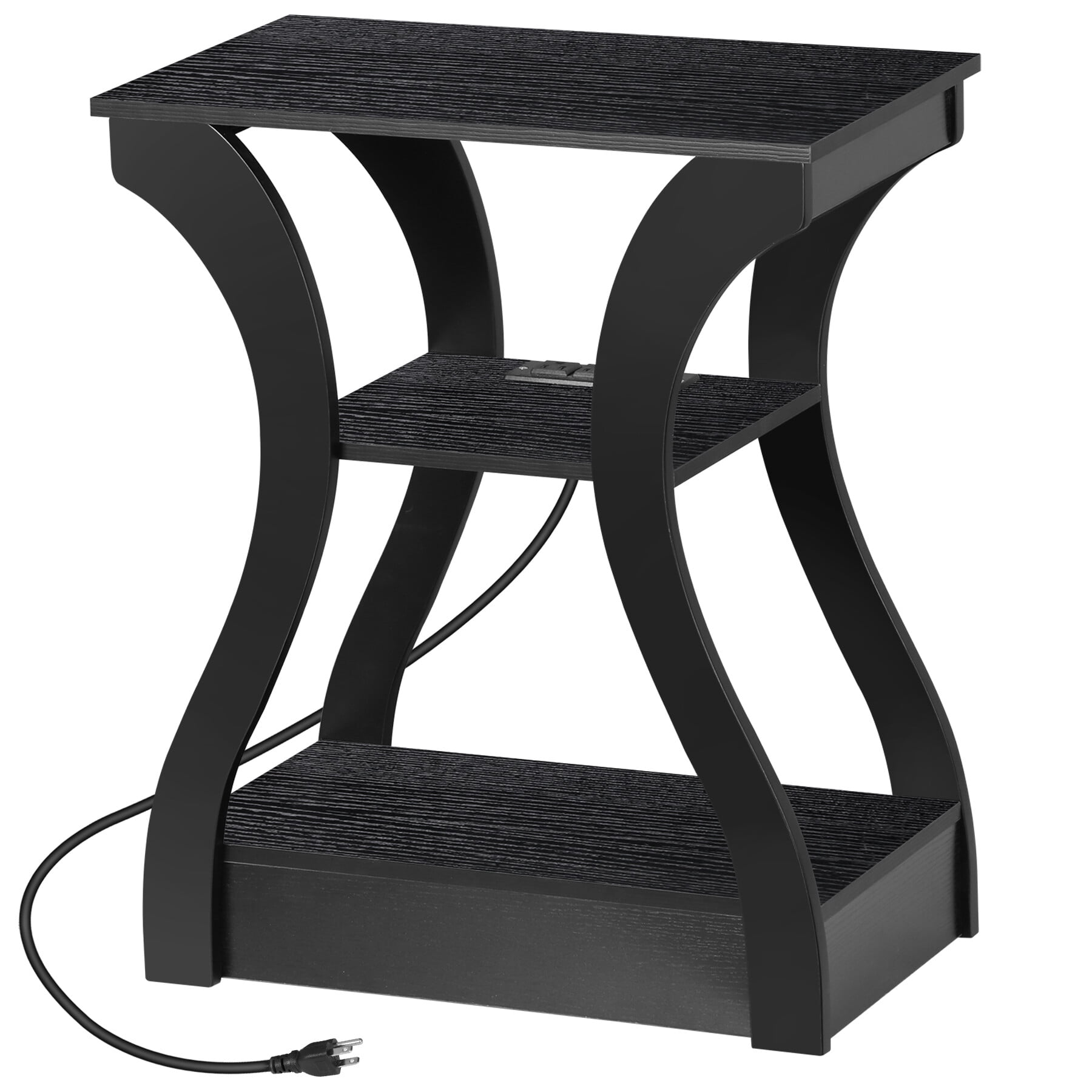 HomGarden Arc End Table Set of 2 W/Charging Station, 3 Tier Sofa Side Table W/USB Ports & Storage Shelf for Living Room, Bedroom, Black