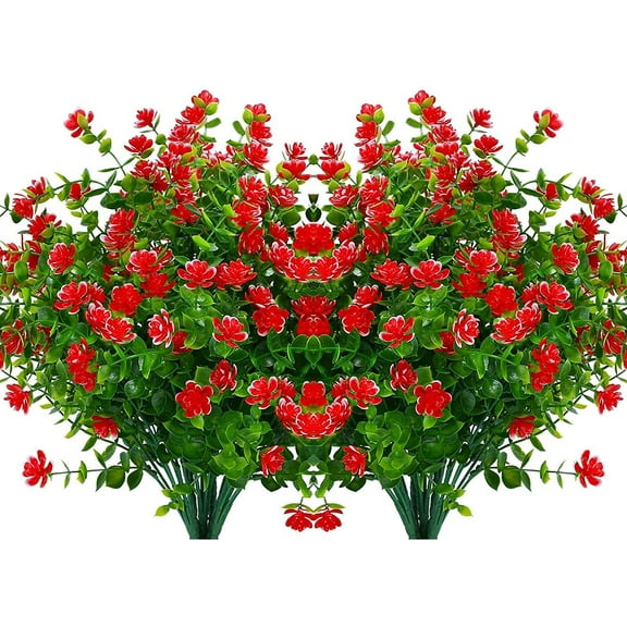 GRNSHTS Artificial Fake Flowers Boxwood,6 Bundles Faux Plants UV Resistant Greenery Shrubs,for Farmhouse Home Garden Patio Wedding and Indoor Outdoor Decor (Red)
