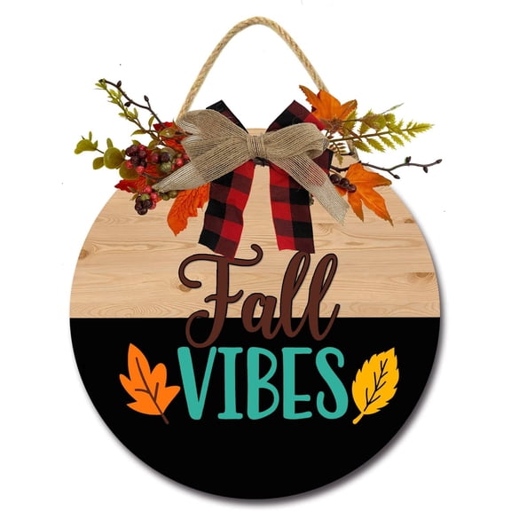 Eveokoki 12" Fall Vibes Wooden Door Sign, Welcome Front Door Plaque Hanger Home Decoration for Farmhouse Office Coffee Shop,Hanging Sign Board with Hanging String for Home Decor