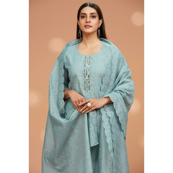 Three-Piece Schiffli Kurta and Dupatta with Solid Pants