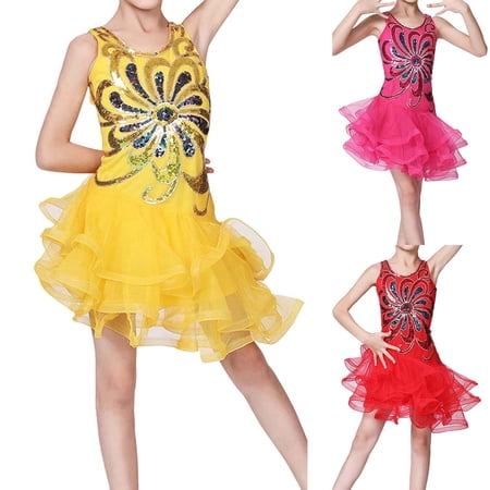 Dresses for Girls Dance Performance Elegant Sleeveless Flower Sequins Party Bodysuit Skirted Leotard Baby Girl Clothes Yellow 7-8Years