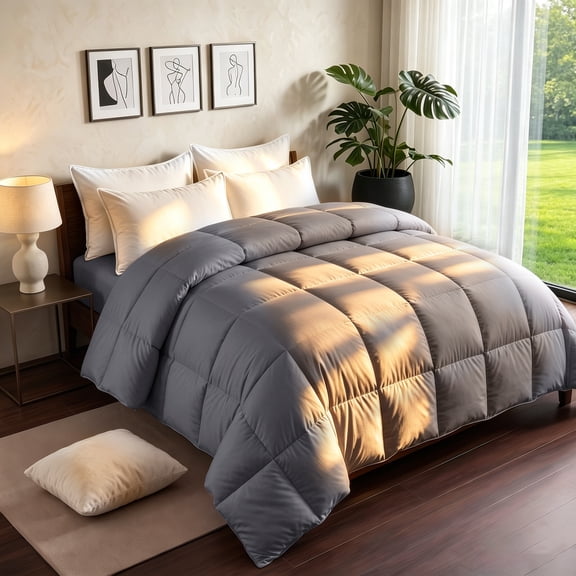 Goose Feather Down & Fiber Comforter King Size – Peach Skin Fabric, All-Season Duvet Insert, Soft Warm Breathable, Gray (106"x90")