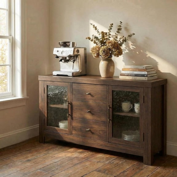 54.4”Buffet Cabinet with Storage,Farmhouse Sideboard Buffet with 2 Glass Doors & 3 Drawers,Wooden Coffee Bar Cabinet Adjustable Shelves for Living Room, Kitchen, Dining Room