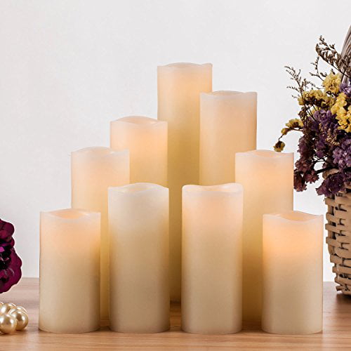RY King Battery Operated Flameless Candles 4 5 6 7 8 9 Set of 9 Real Wax Pillar LED Flickering Candles with Remote Control and Timer