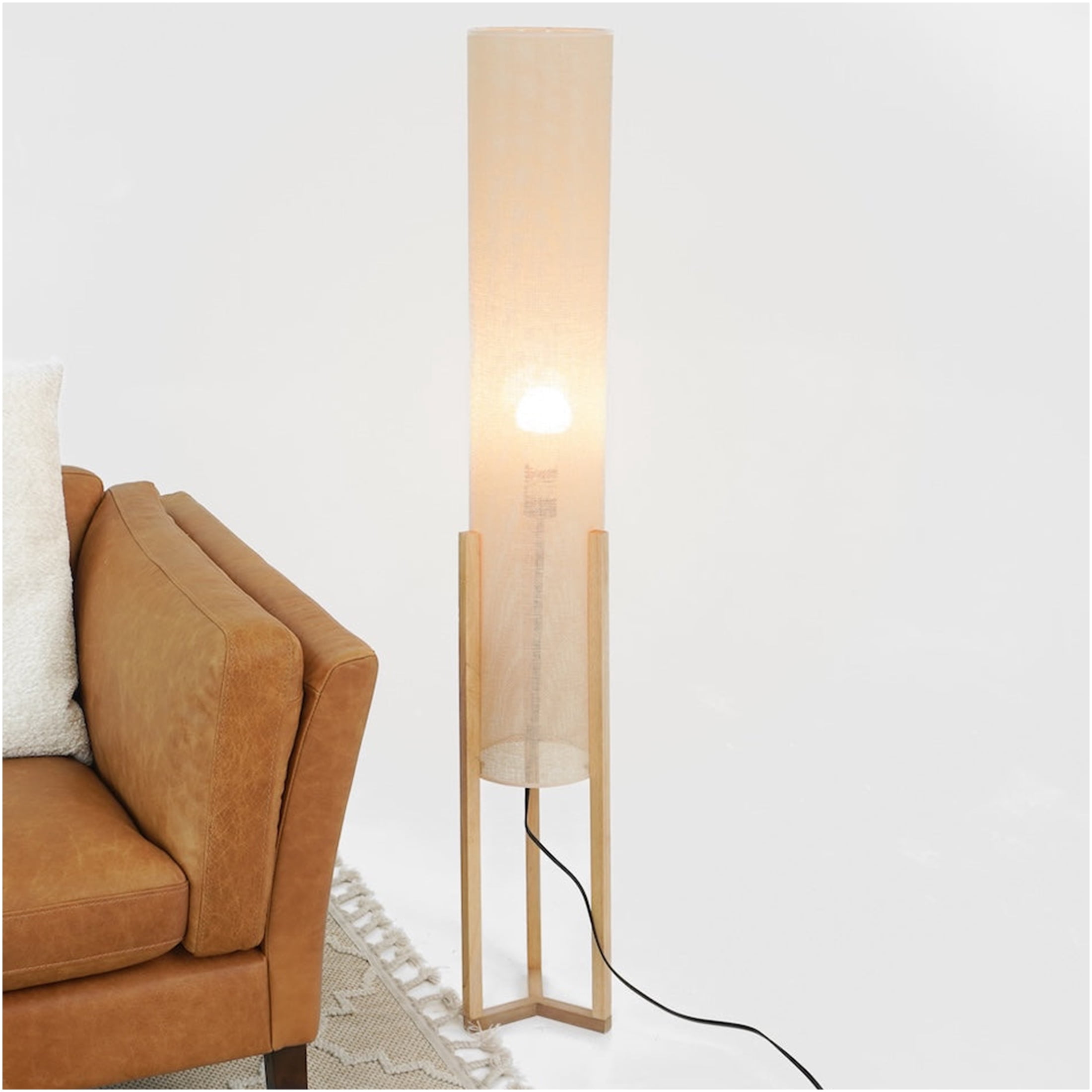 JERFIT Modern Floor Lamp for Living Room, Tall Standing Light with Drum Shade, Oak Wood Accent, Foot Switch, 110V-120V Plug-in for Bedroom, Office, Reading Nook
