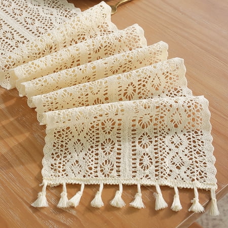 

Yozhu 2pcs Beige Macrame Table Runner Cotton Crochet Lace Hollow Mesh Table Cloth Rectangular Boho Table Runner with Tassels 24x180cm